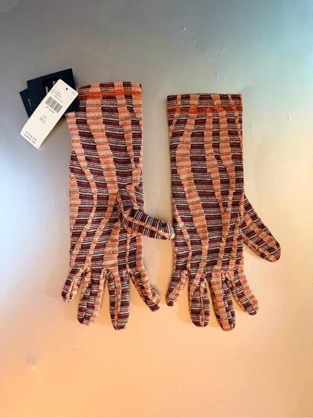 Anna Sui Striped Knit Long Gloves in Orange, Brown & Cream NWT $178